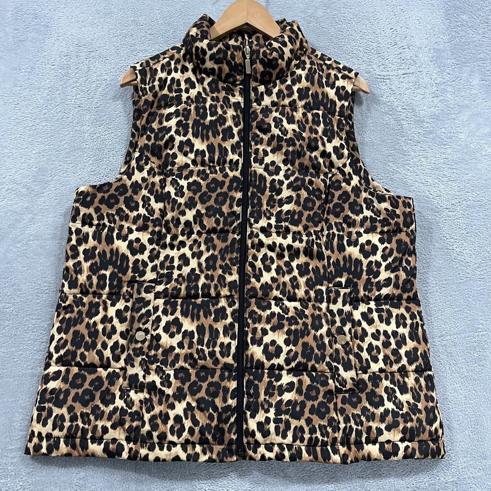 Charter Club Vest Women's 1X Puffer Jacket Leopard Print Full Zip Cheetah Grunge